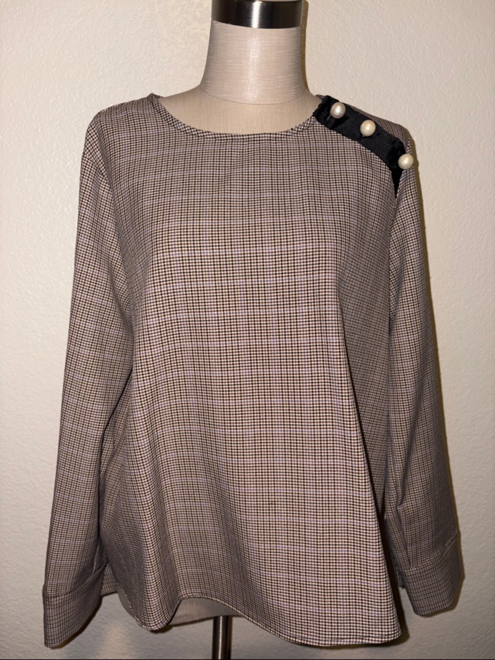 Zara Black/brown/White Check Pearl-Button Blouse